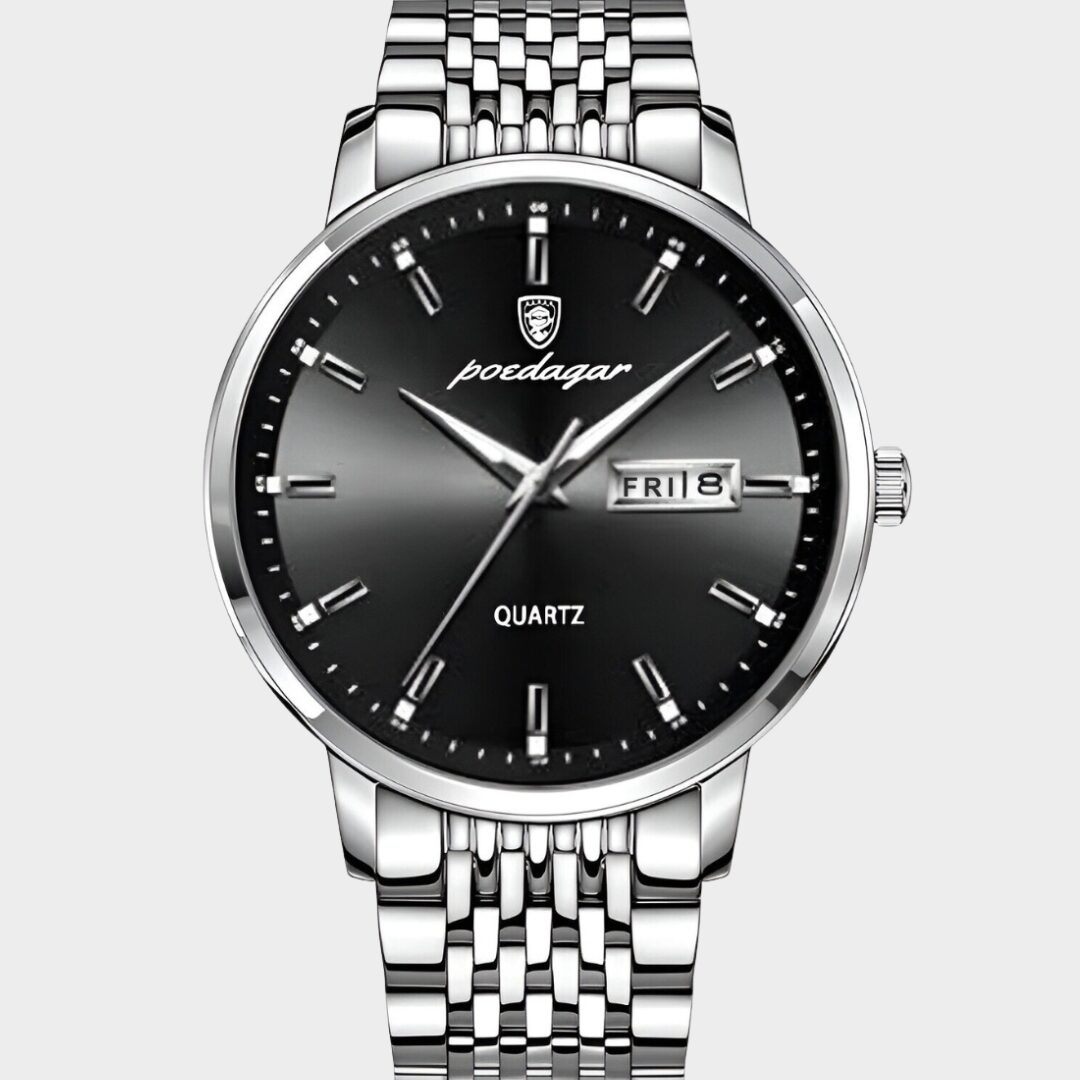 a silver watch with a black face