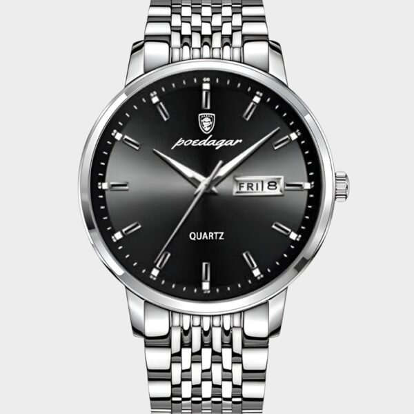 a silver watch with a black face