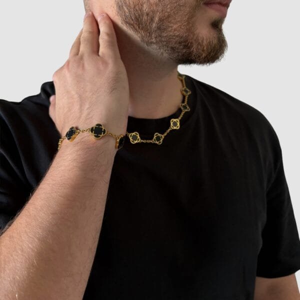 שרשרת צמיד תלתן פרמיום זהב שחור שרשרת צמיד תלתן פרמיום זהב שחור