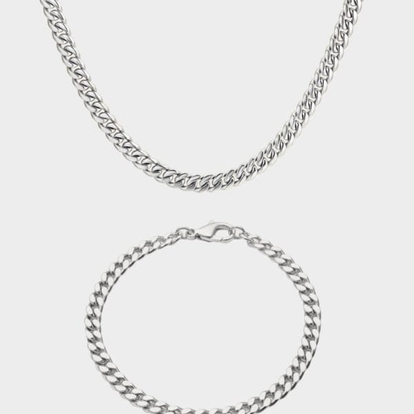 סט שרשרת וצמיד קובני 5 מ"מ - זהב לבן